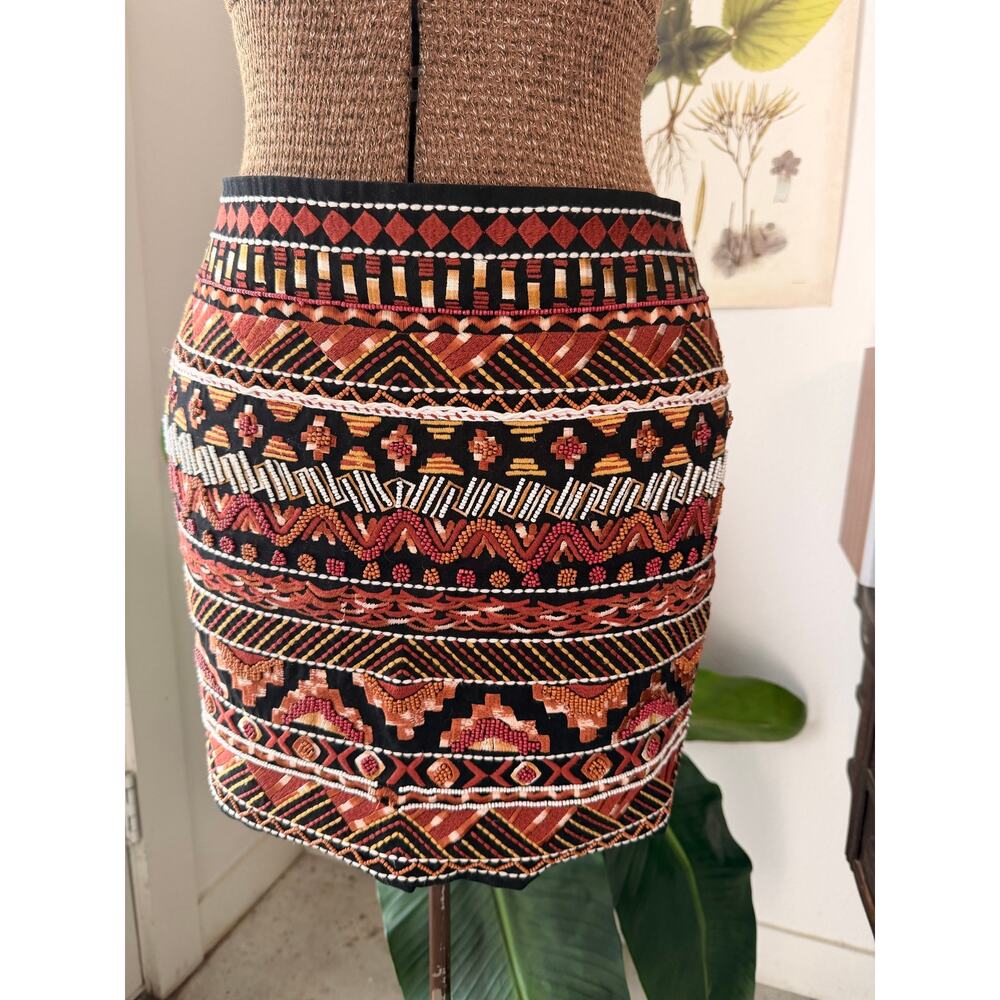 H&M Embroidered Beaded Mini Skirt Size 4 Boho Festival Aztec Tribal Western